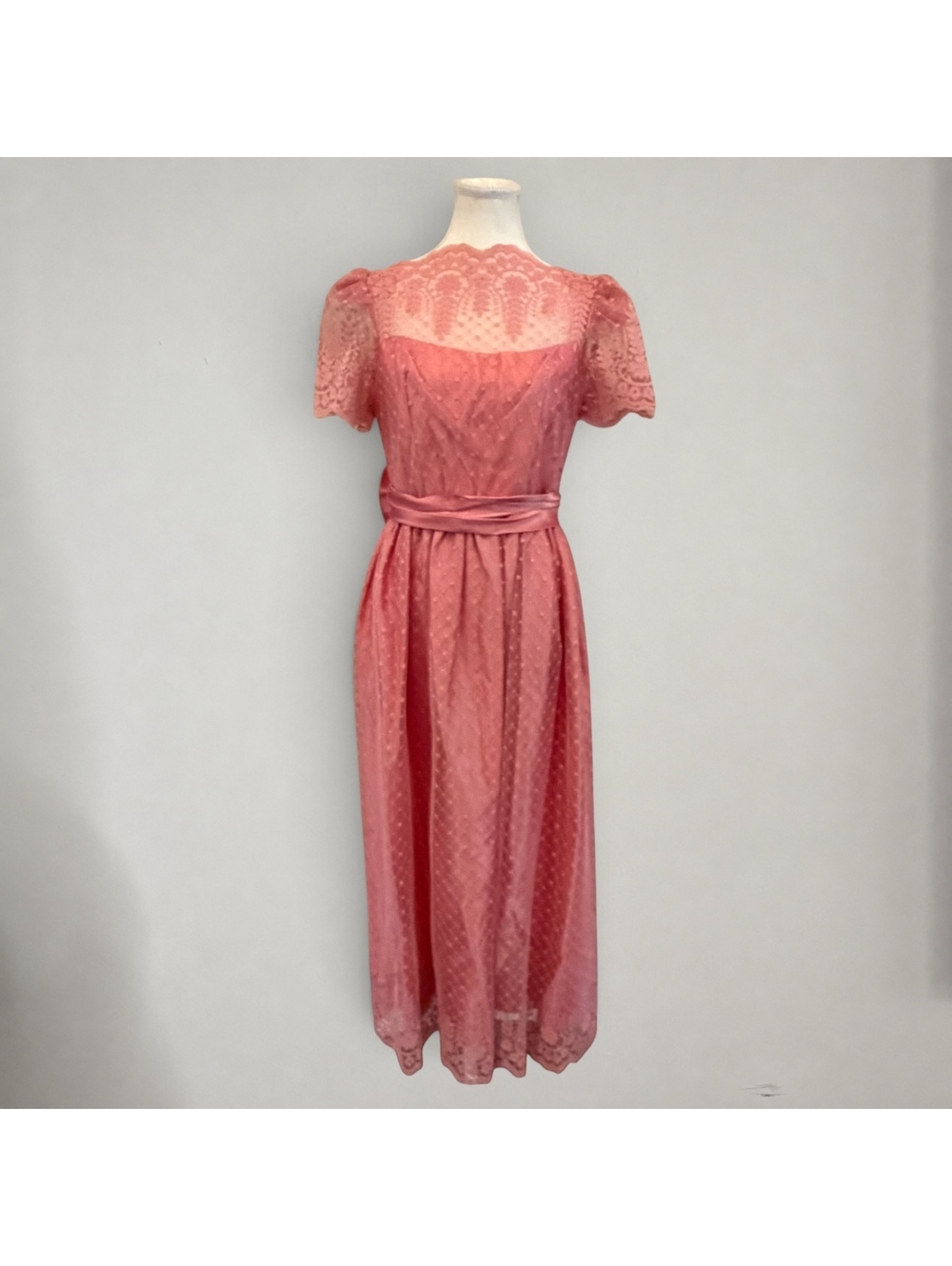 Vintage 80s Union Made Dusty Rose Lace Maxi Dress Bow Romantic Formal